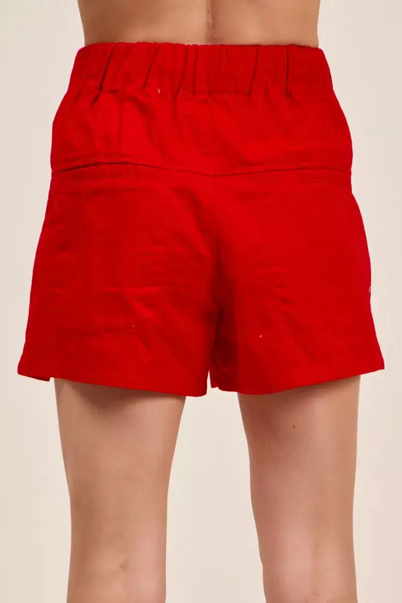 Solid Twill Denim Pintucked Buttoned Shorts with Waist Tie