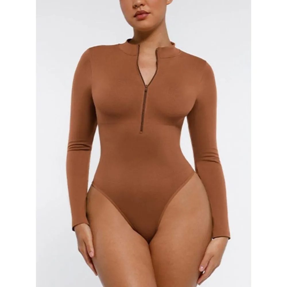 Zip Front Long Sleeve Thong Bodysuit