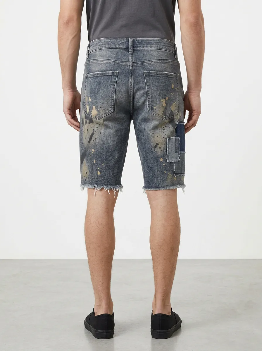 Men's Patchwork Paint Splatter Raw Hem Street Inspired Distressed Denim Shorts