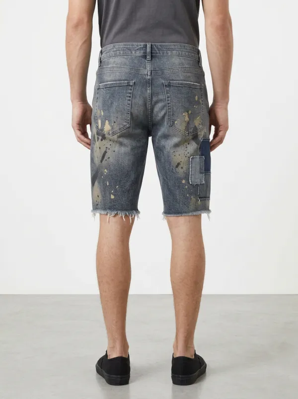 Men's Patchwork Paint Splatter Raw Hem Street Inspired Distressed Denim Shorts