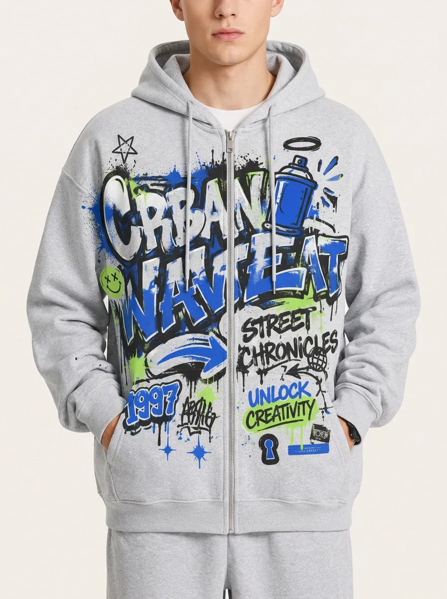 Men's Urban Streetwear Graffiti 1997 Printed Zip-Up Hoodie