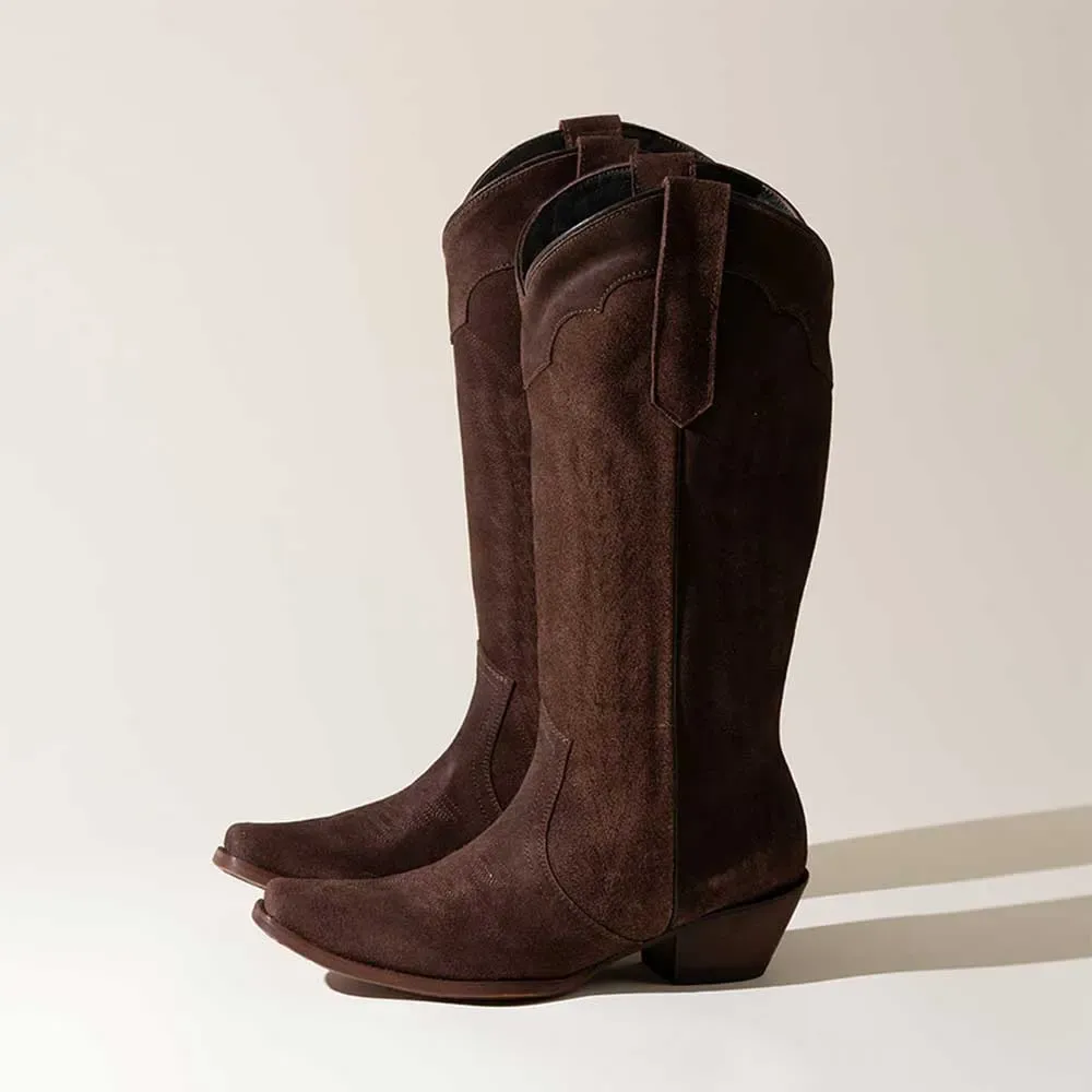 Faux-Suede Embroidered Snip-Toe Chunky-Heel Western Boots