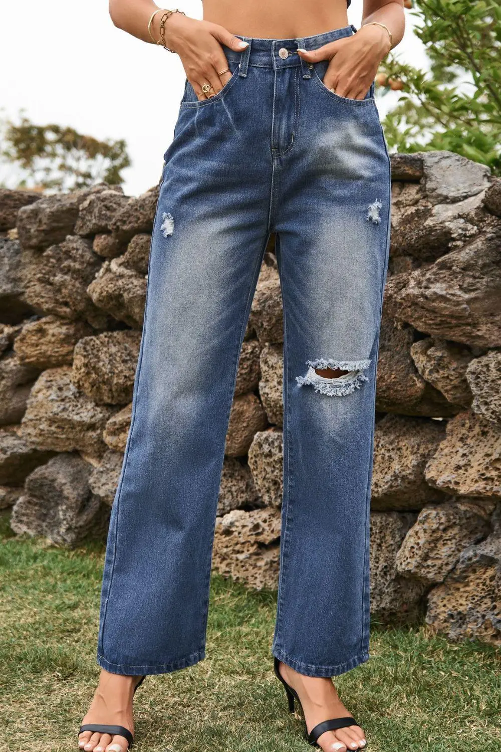 Contoured Loose Fit Distressed Denim Jeans