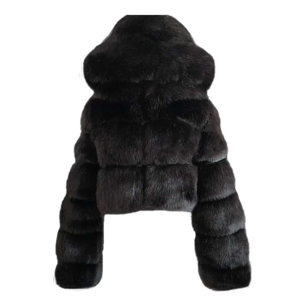 Black Faux Fur Coat Women with Hood Cropped Bubble Coats Fleece Short Warm Jackets Plus Size Winter Coats for Women