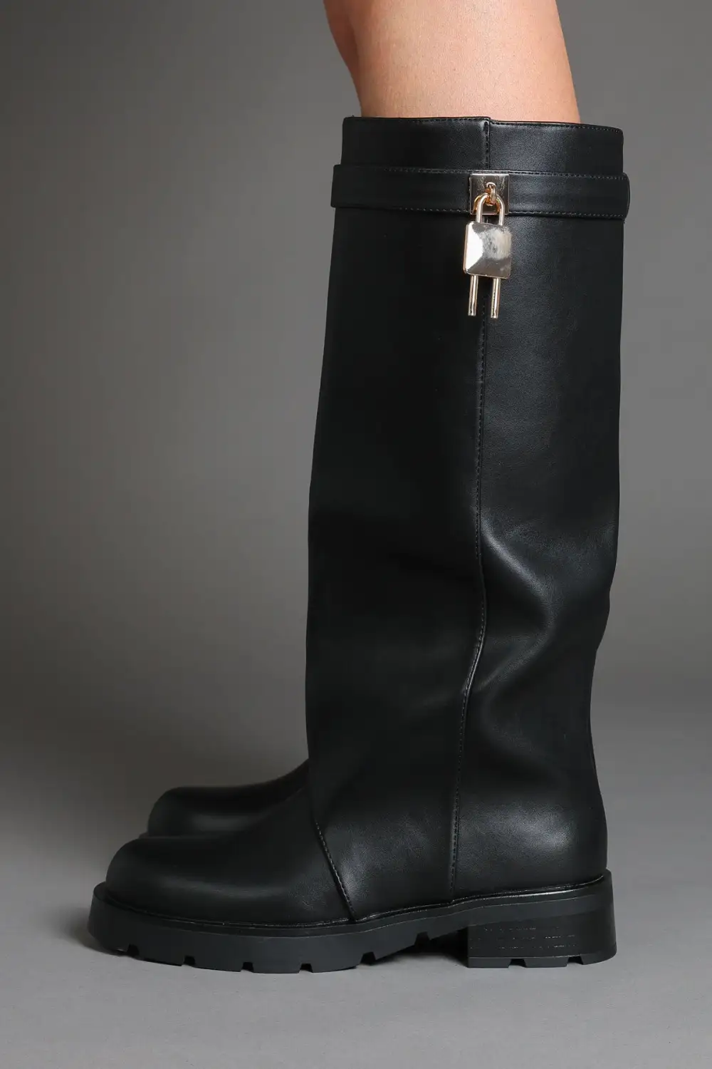Chunky Sole Lug Sole Padlock Detail Faux Leather Knee High Boots