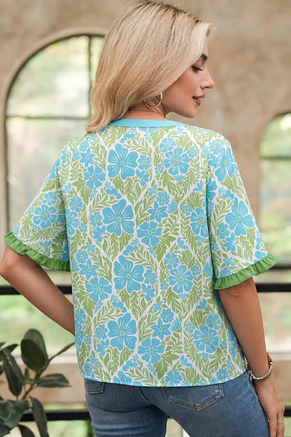 Floral Ruffle Trim Half Sleeve Blouse