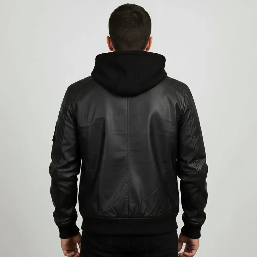 Leather Bomber Hooded Jacket