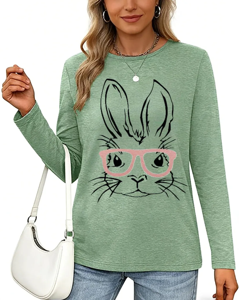 Rabbit With Glasses Print Long Sleeve T-shirt