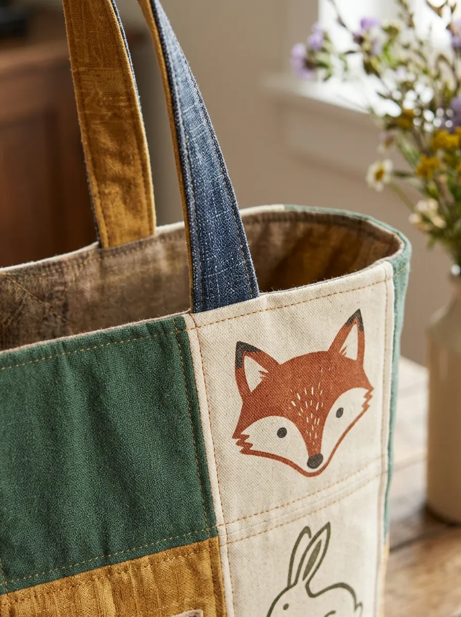 Nature Lover Forest Animal Patchwork Printed Tote Bag