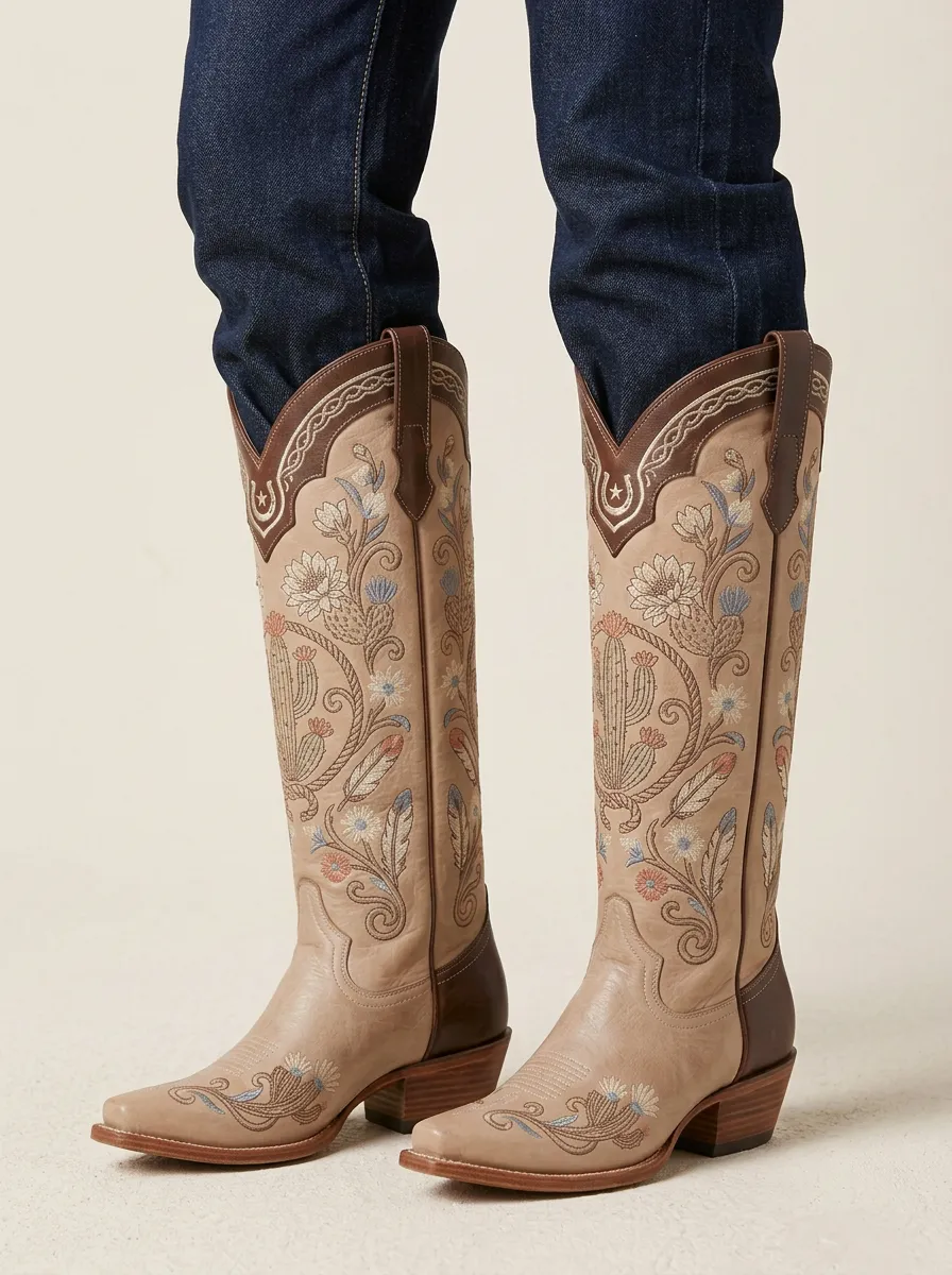 Women's Western Cactus Denim Over-the-Knee Boots