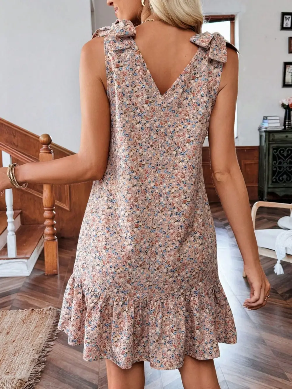 Print Tie Strap Ruffle Hem Mini Dress