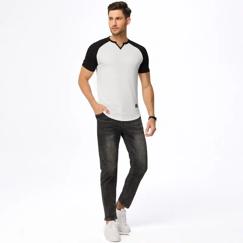 Mens Muscle Slim T Shirt V-Neck Henley