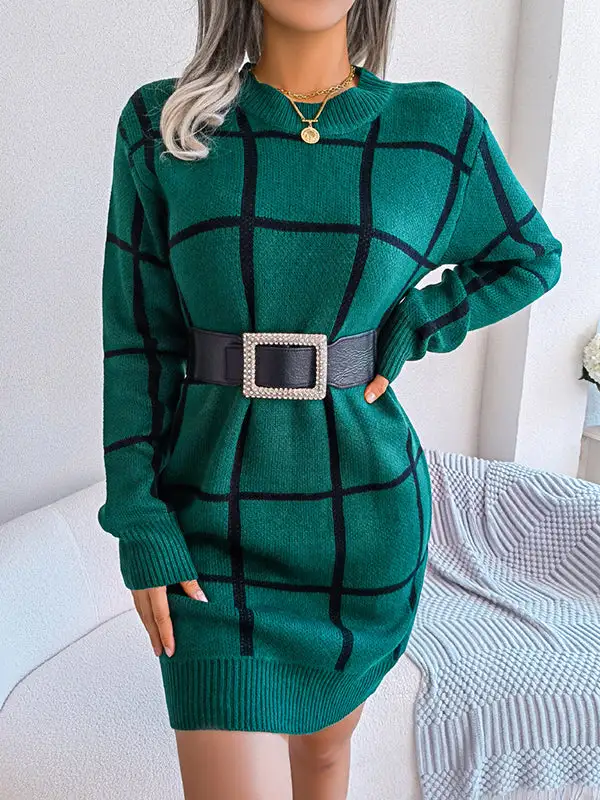 Elasticated Waist Long Sleeve Belted Contrast Color Plaid Round Neck Mini