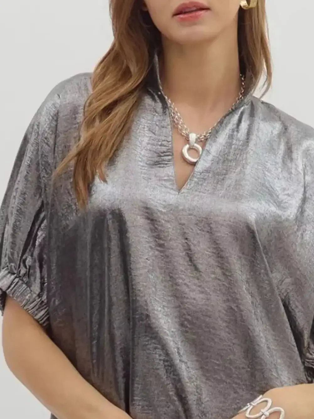 Metallic Shimmering Short Sleeve Blouse