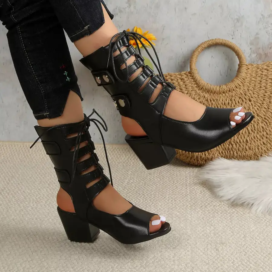 Classic Lace Up Block Heels Sandals