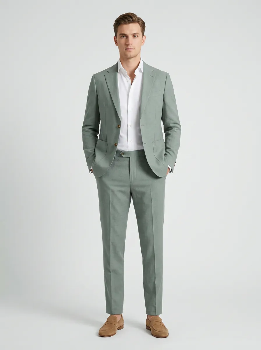 Men's Sage Green Linen Slim Fit Two-Piece Suit