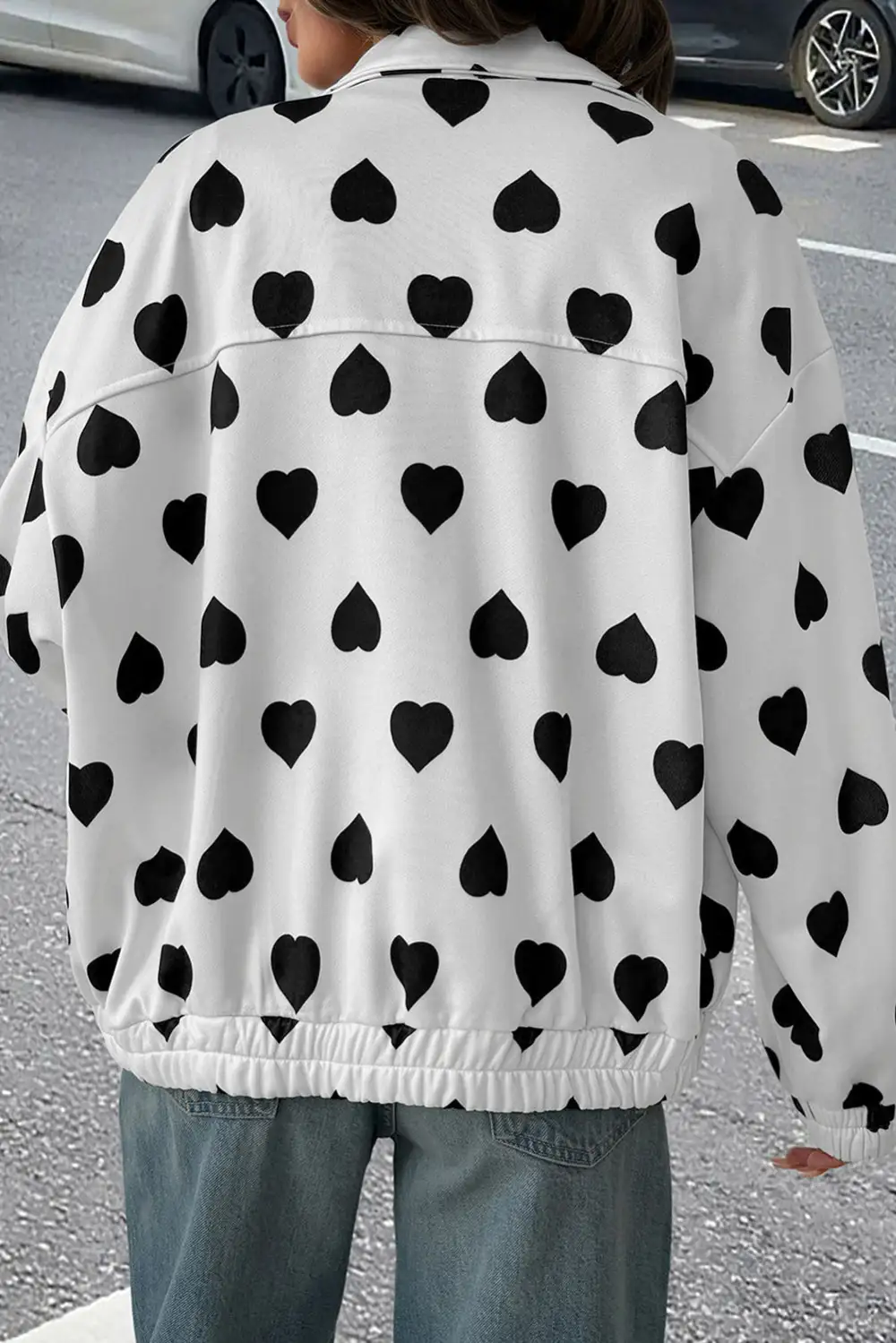 Double Flap Pocket Heart Print Collar Zip Jacket