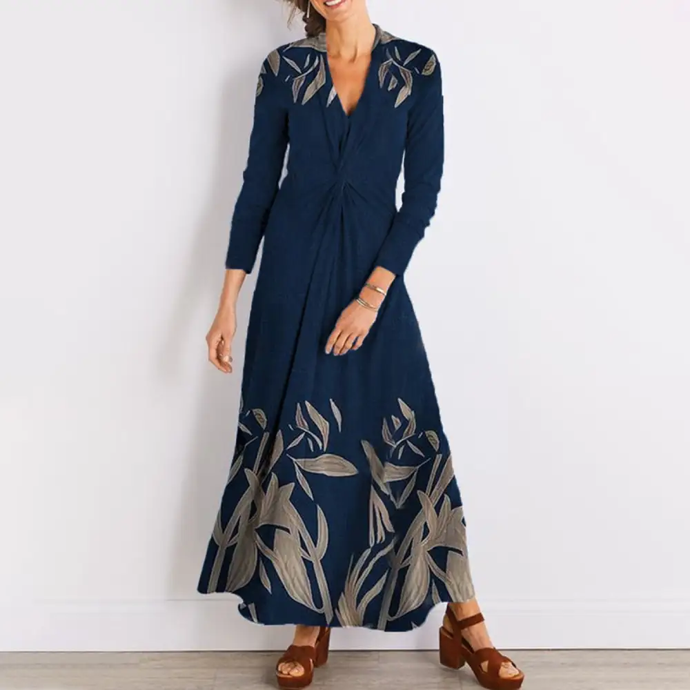 Chic Long Sleeve Flowers Printed Twisted V-Neck Fitted Long Dress