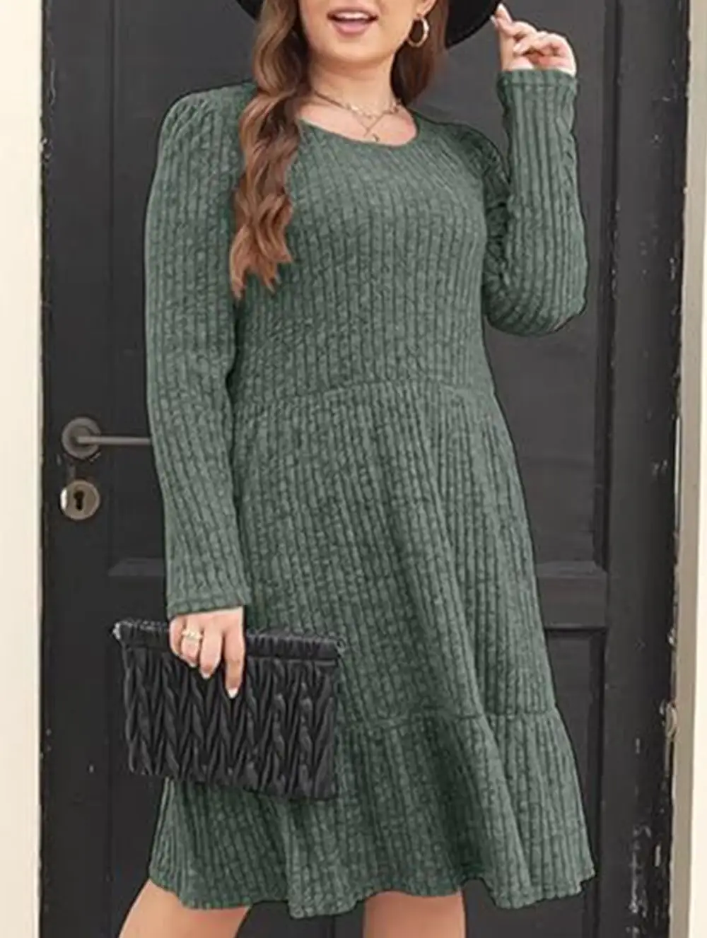 Vintage Striped Crew Neck Knit Sweater Dress
