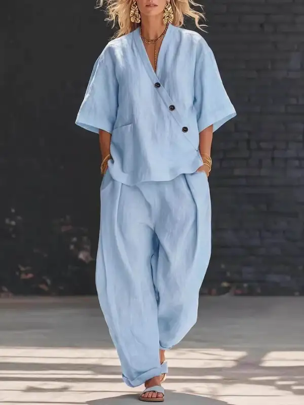 Relaxed V Neck Blouse And Pants Set