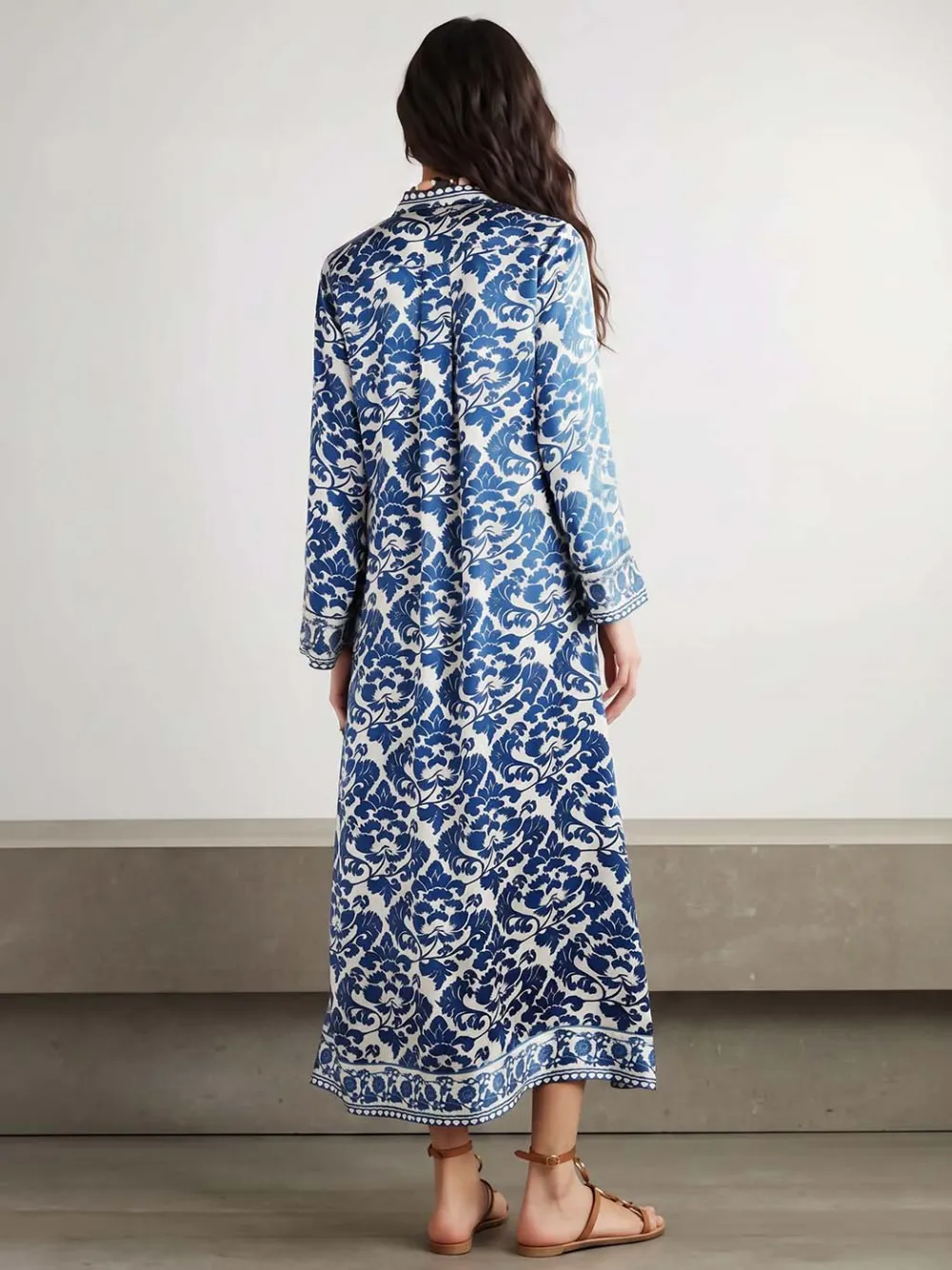 Baroque Satin Print Long Sleeve Midi Dress