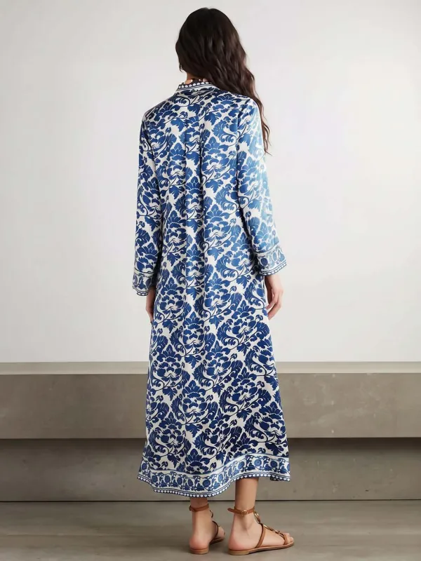 Baroque Satin Print Long Sleeve Midi Dress