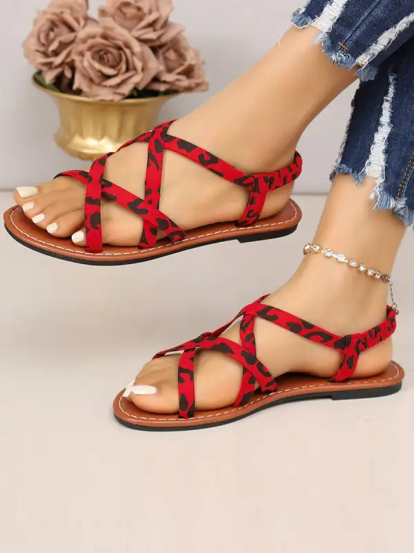 Leopard Open-Toe Strap Flat Sandals
