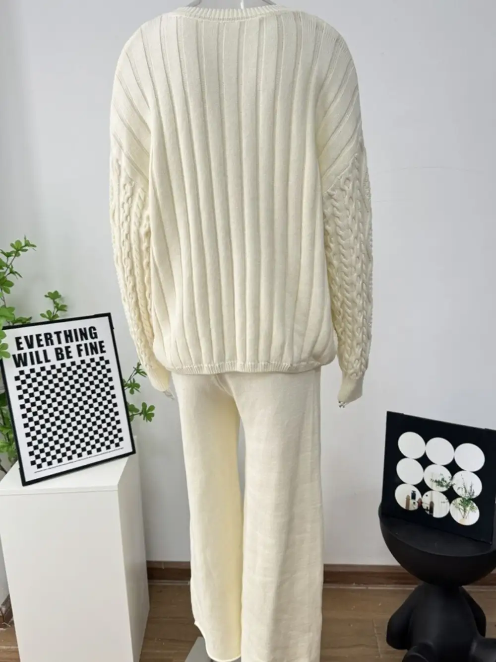 Cable Knit Cardigan & Wide Leg Pants Sweater Set