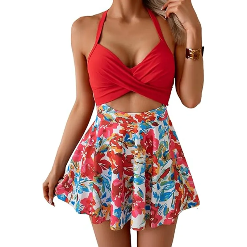 Women's Cut-Out V-Neck Wrap-Tie Open-Back One-Piece Swimdress