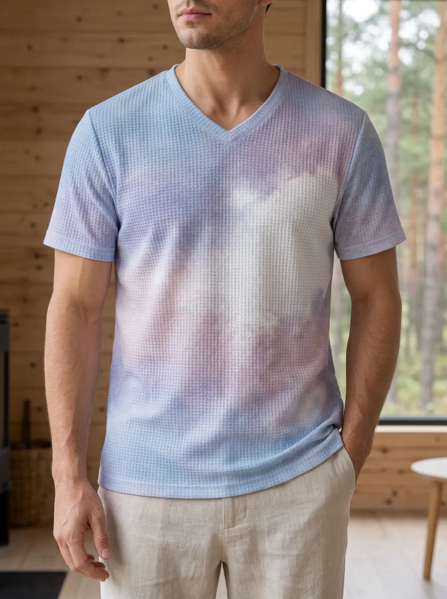 Men's Contemporary Pastel Tie-Dye Waffle Knit V-Neck T-Shirt