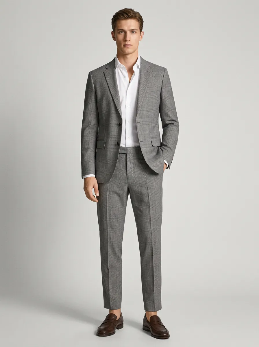Men's Business Formal Grey Plaid Patterned Suit Set