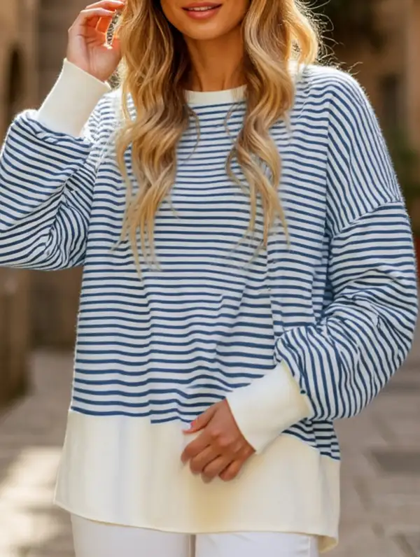 Crew Neck Striped Pullover Sweatshirt