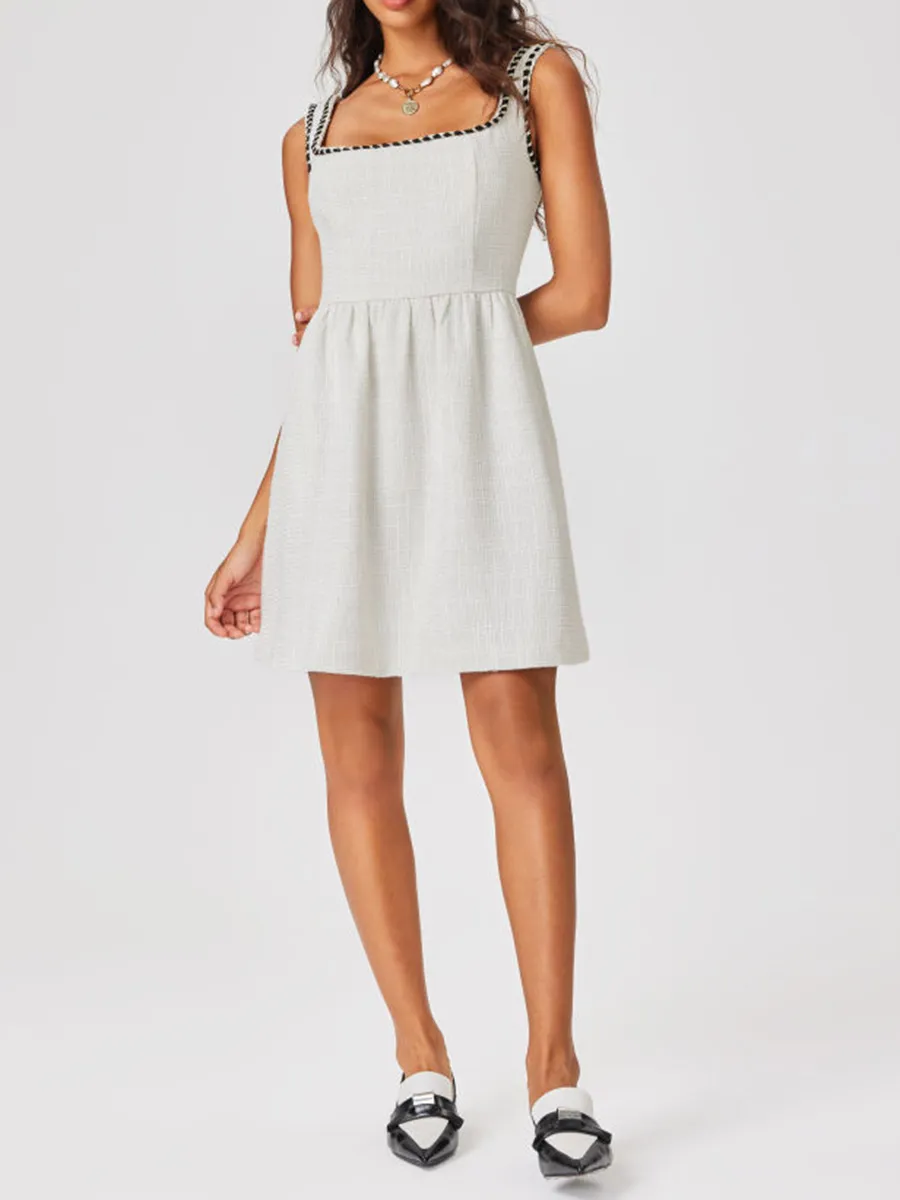 Tweed U-Neckline Solid Mini Dress