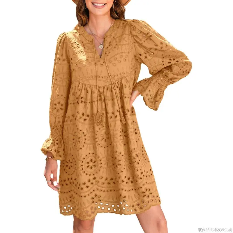 Women's 2025 Casual Dress Tassel V Neck Long Sleeve A Line Hollow Out Lace Ruffle Above Knee Dress, 100% Cotton, Comfortable Fit
