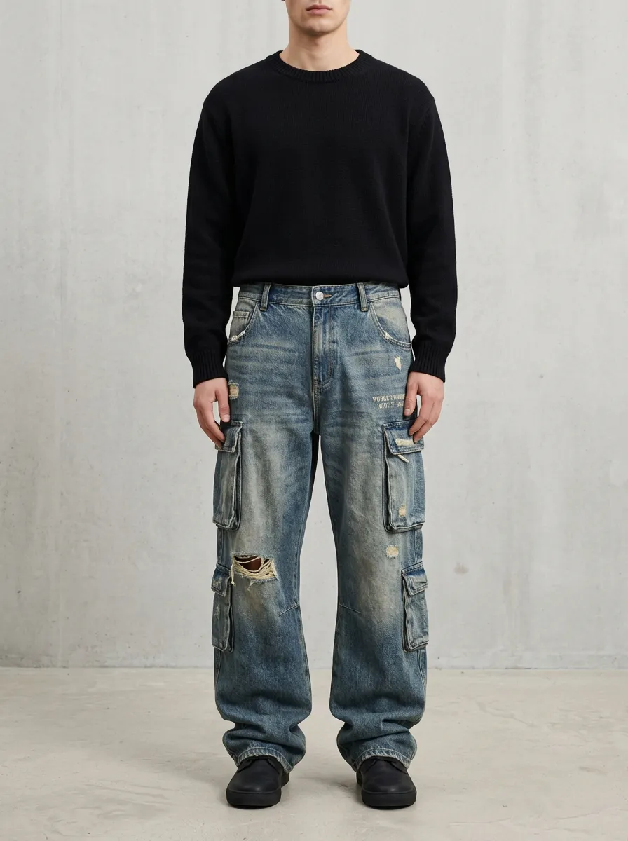 Men's Distressed Vintage Wash Printed Cargo Pants