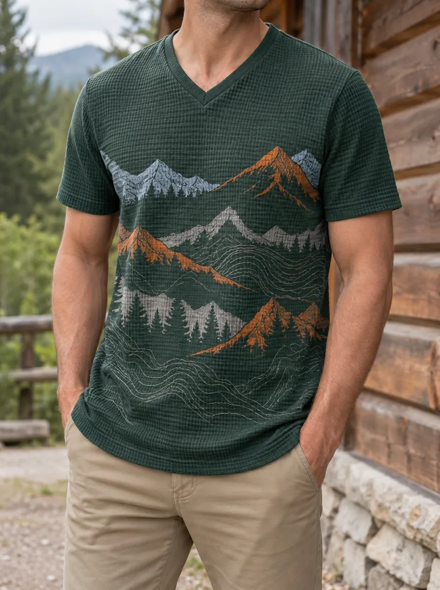 Men's Lakeside Outdoor Nature Lover Mountain Forest V-Neck T-Shirt