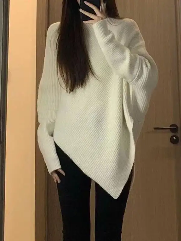 Velvet Detail Asymmetric High Neck Long Sleeve Relaxed Fit Pullover Sweater