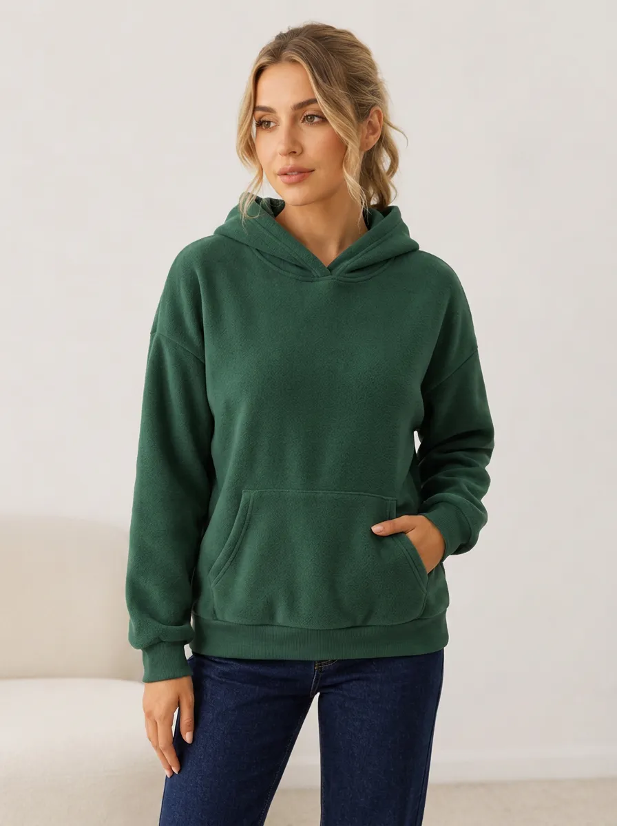 Women's Casual Minimalist Solid Dark Green Fleece Hoodie