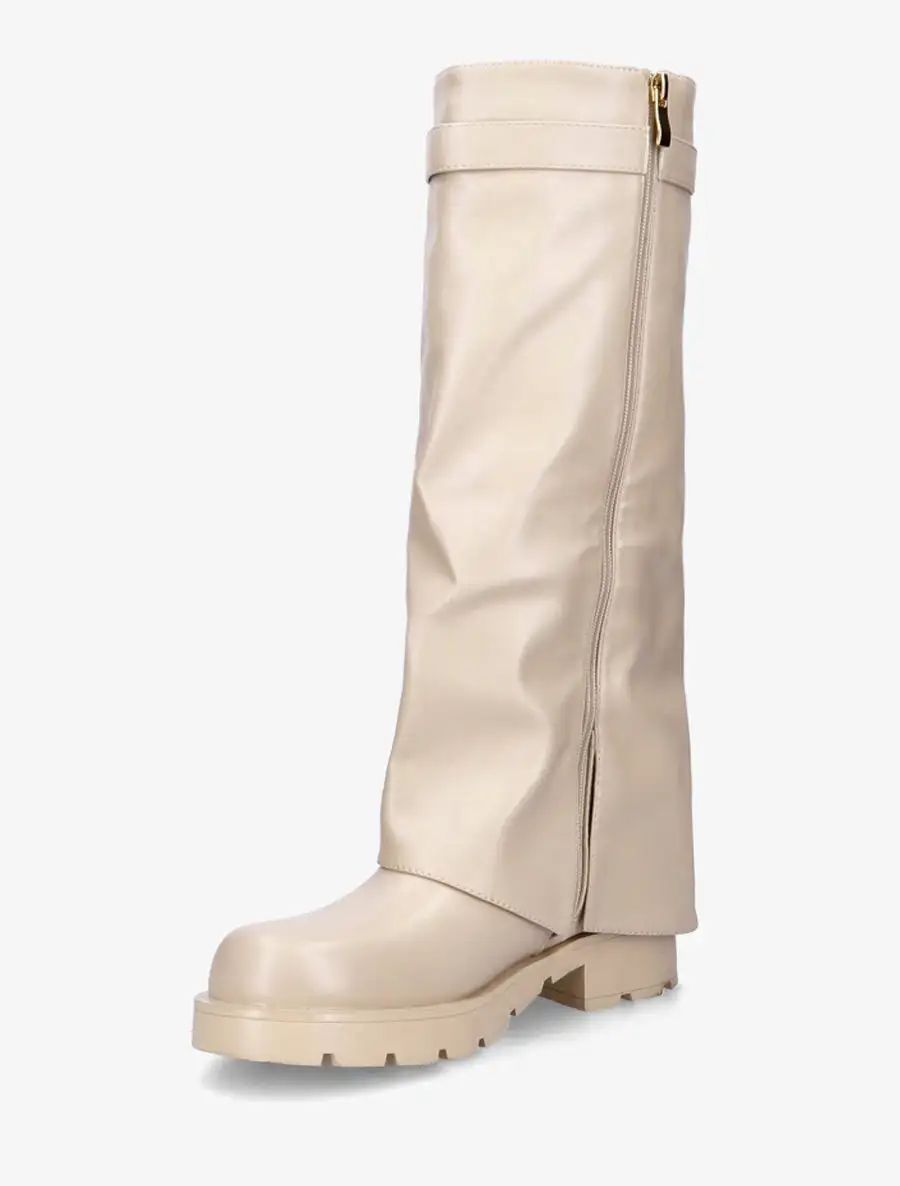 Contemporary Block Heel Fold-Over Faux Leather Knee High Boots