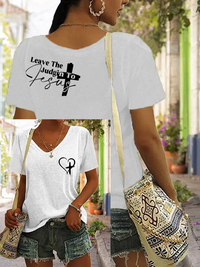 Women's Faith Cross Leave The Judgin To Jesus V-Neck T-Shirt