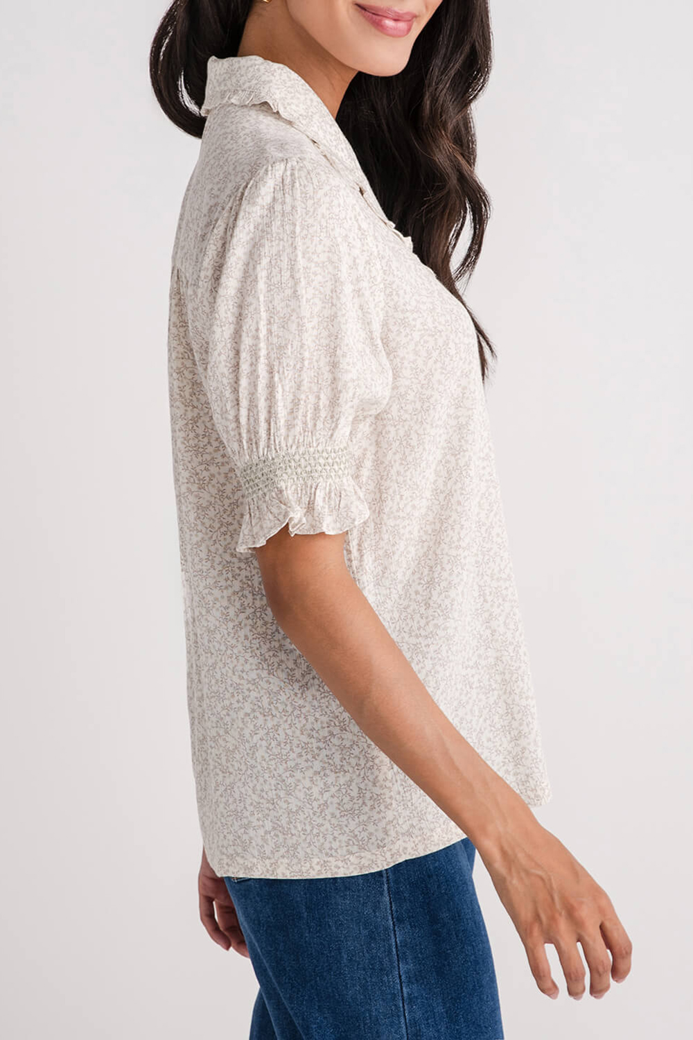 Print Smocked Sleeve Button Down Blouse - Ivory/Sage