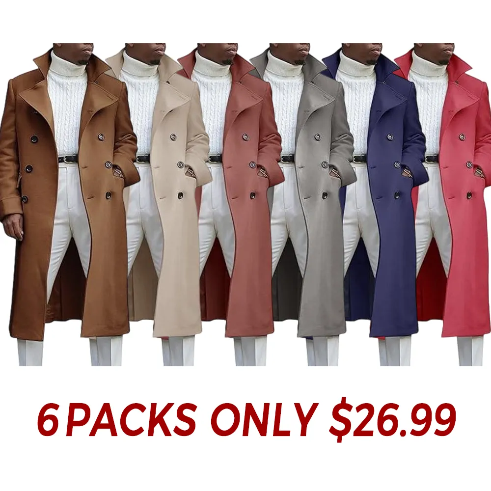Men's Notch Lapel Double Breasted Long Trench Coat Casual Cotton Blend Peacoat