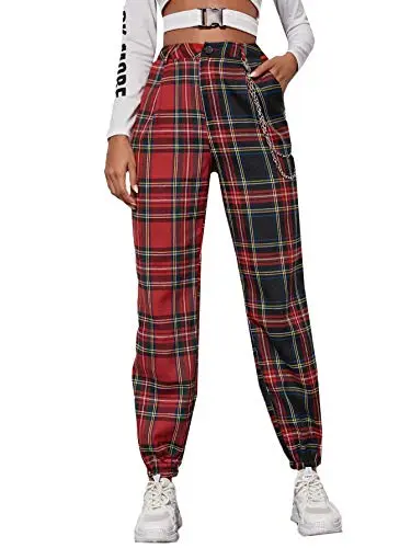 Women's Tartan Plaid Mid Waist Straight Pants
