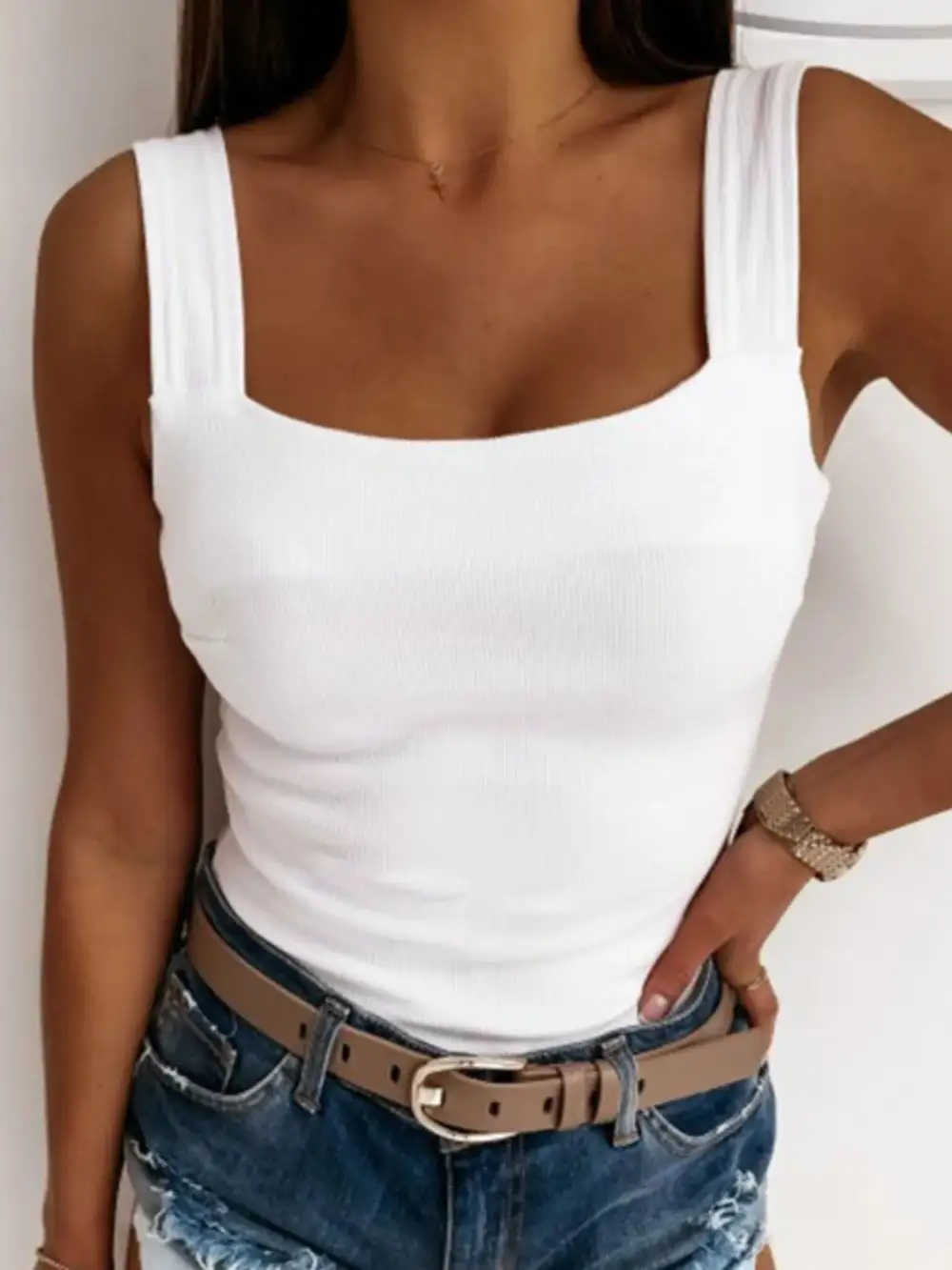 Square Neck Wide Strap Tank Polyester Blend