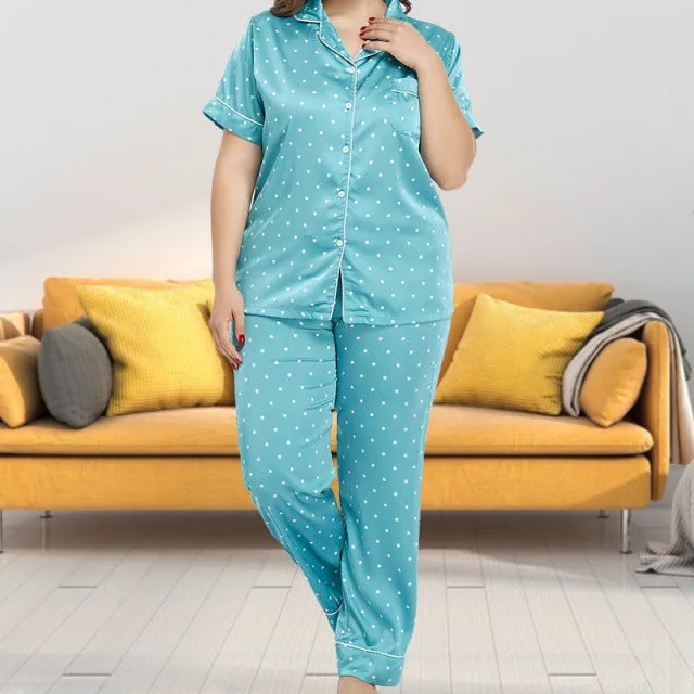 Two Piece Polka Dot Collared Shirt and Pants Pajama Set