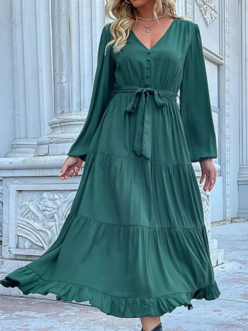 Smooth Finish V Neck Ruffle Dress