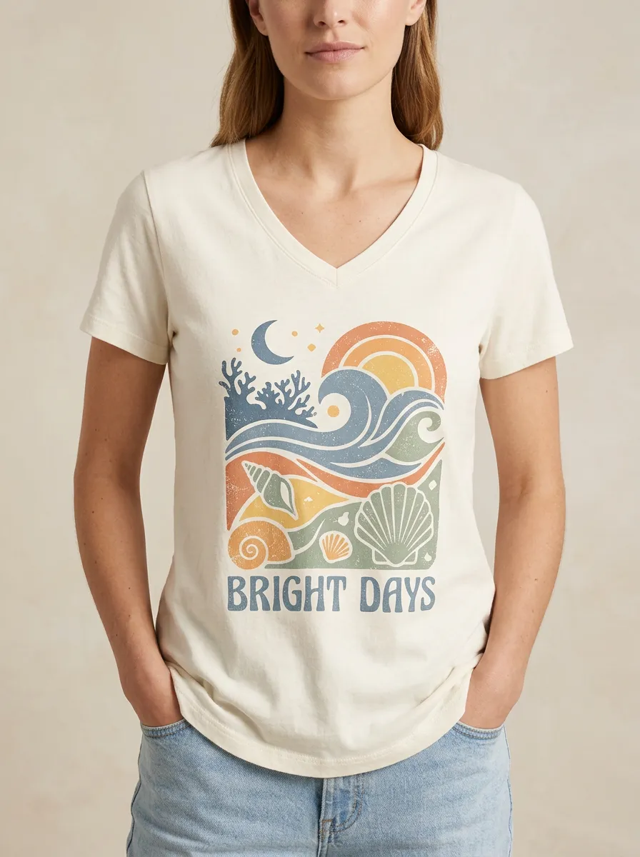 Women's Beach Bright Days Seashell Ocean Print V-Neck T-Shirt