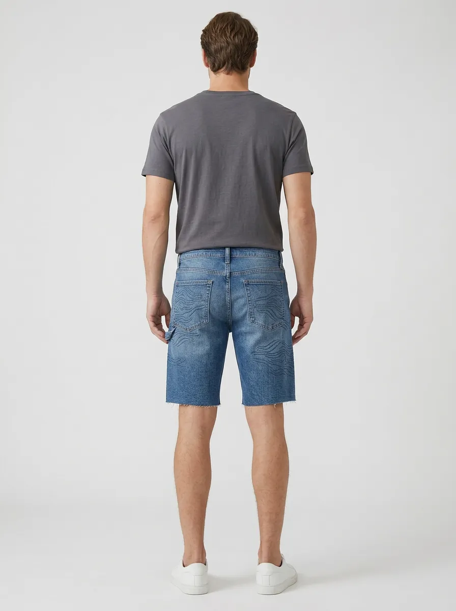 Men's Wave Raw Hem Distressed Denim Shorts