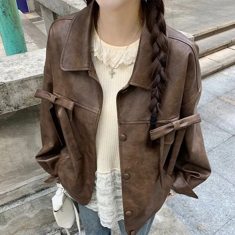Structured Faux-Leather Leather Casual Outerwear Jacket