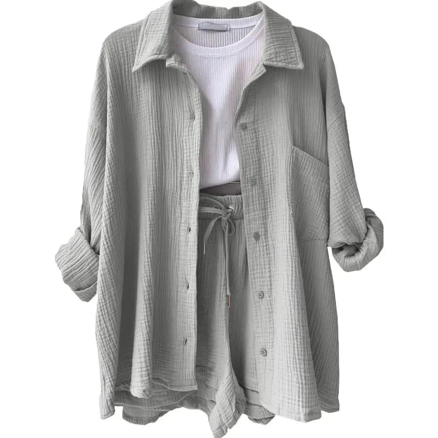 Textured Button Up Shirt and Shorts Set